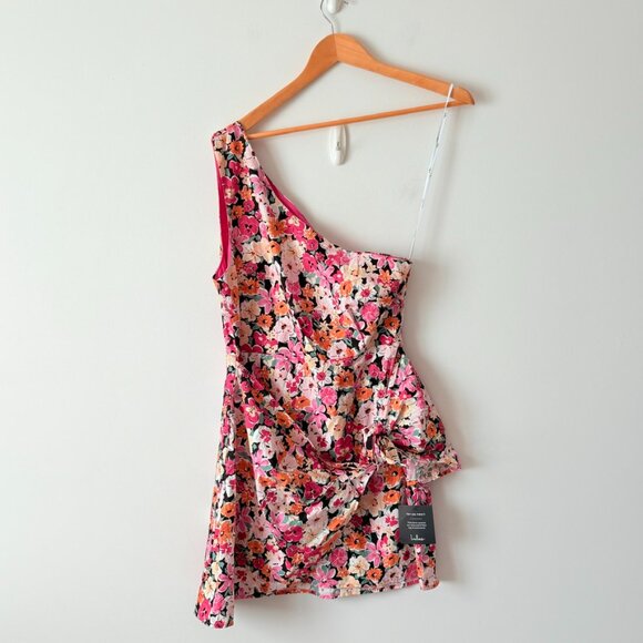 Lulus Gorgeous Garden Pink Floral One-Shoulder Faux-Wrap Mini Dress NWT Large - Picture 5 of 8